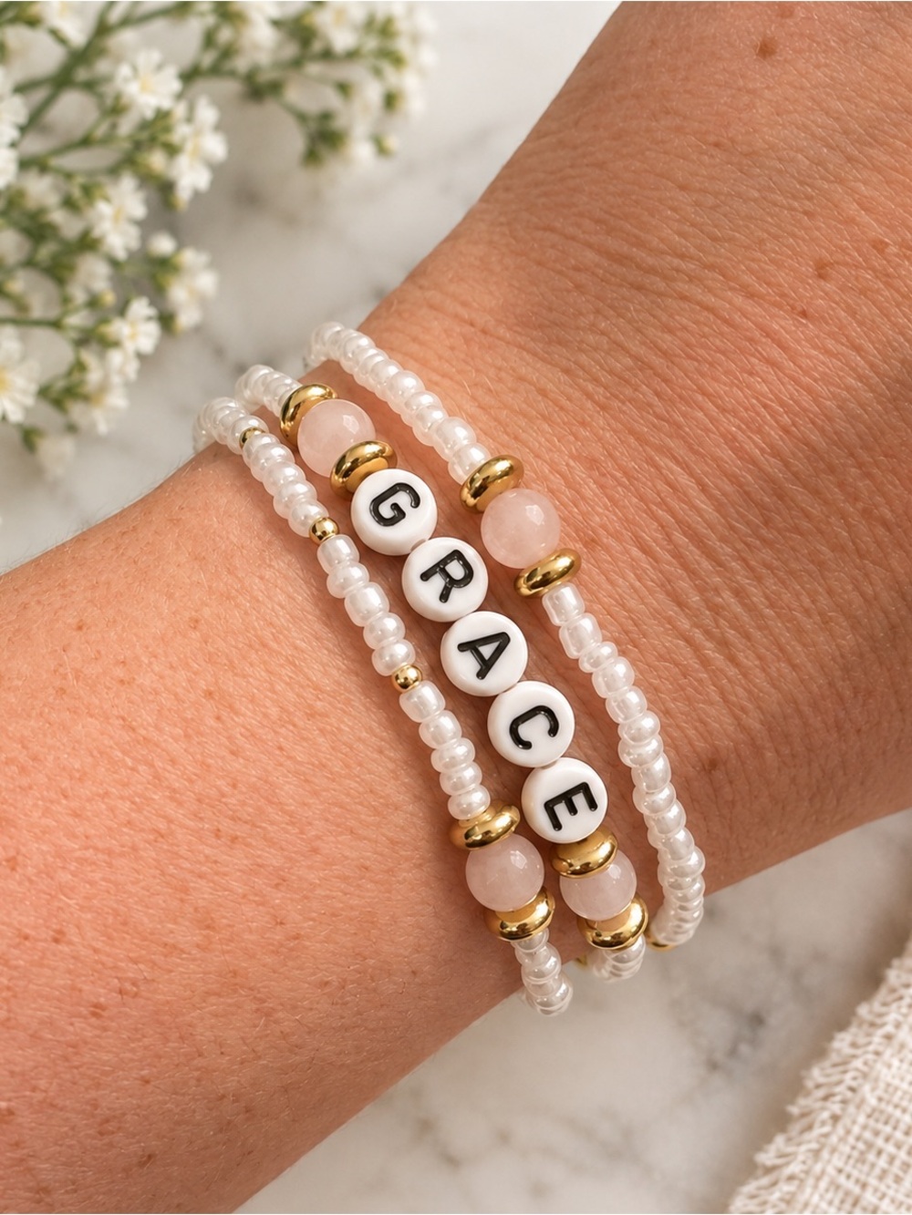 Handmade 'GRACE' White and Pink Beaded Bracelet Stack